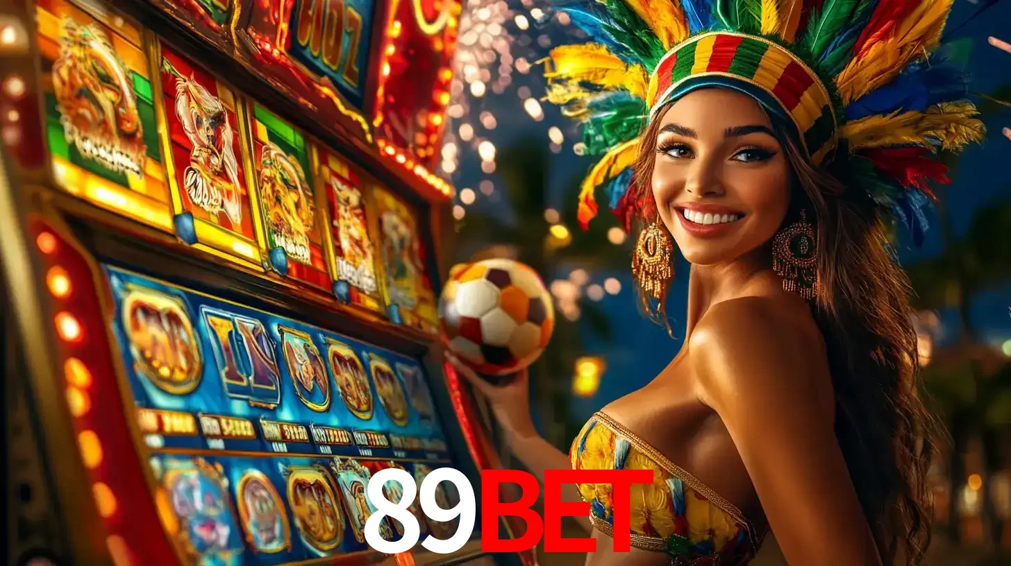 Mulher com um cocar de carnaval ao lado de uma máquina de caça-níqueis enquanto segura uma bola de futebol, mostrando a união da diversão de cassino e esportes no 89BET.