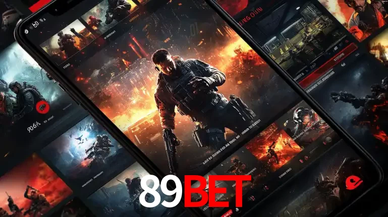 Tela de um celular exibindo uma galeria de jogos de tiro com temática militar, mostrando a variedade de e-sports disponíveis para apostas na plataforma de entretenimento 89BET.