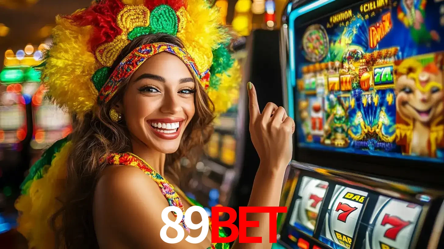Mulher animada com um cocar de carnaval apontando para uma máquina de caça-níqueis, mostrando a emoção de ganhar um grande prêmio nos jogos do 89BET.
