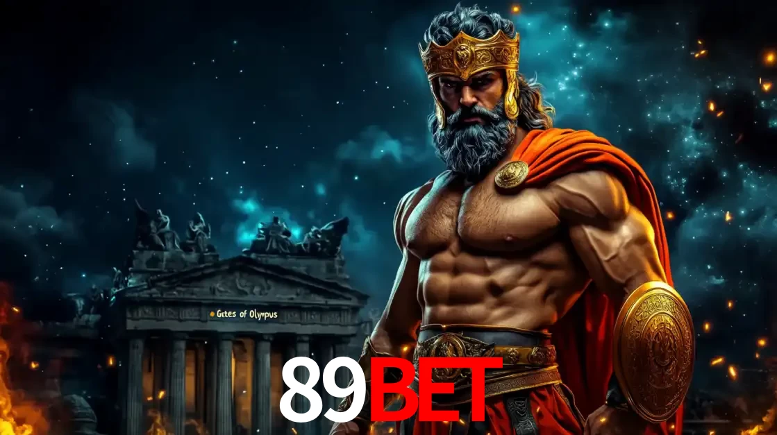 O poderoso Zeus do jogo de slot Gates of Olympus em frente ao seu templo, pronto para lançar multiplicadores divinos e prêmios épicos no cassino online 89BET.