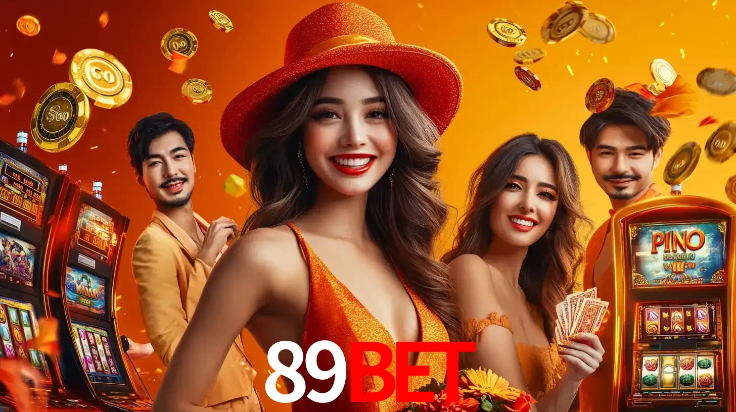 Grupo de amigos asiáticos sorrindo e se divertindo com máquinas de caça-níqueis em um ambiente festivo, celebrando suas vitórias nos jogos de cassino do 89BET.
