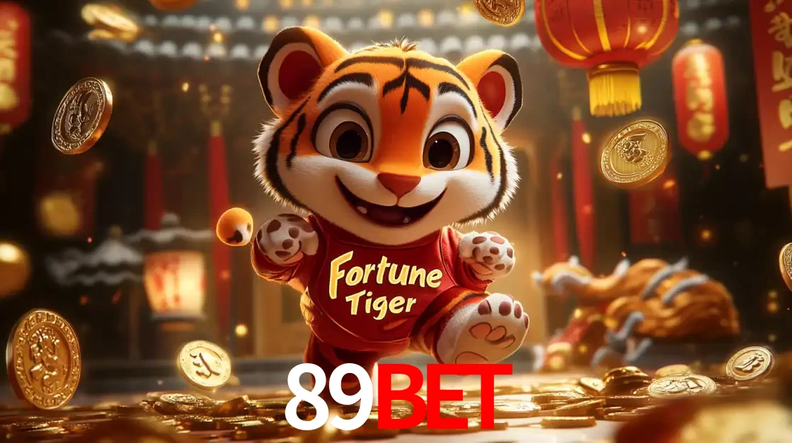 O alegre personagem do Fortune Tiger correndo sobre um caminho de moedas de ouro, simbolizando os grandes prêmios e a diversão do popular jogo de slot do 89BET.