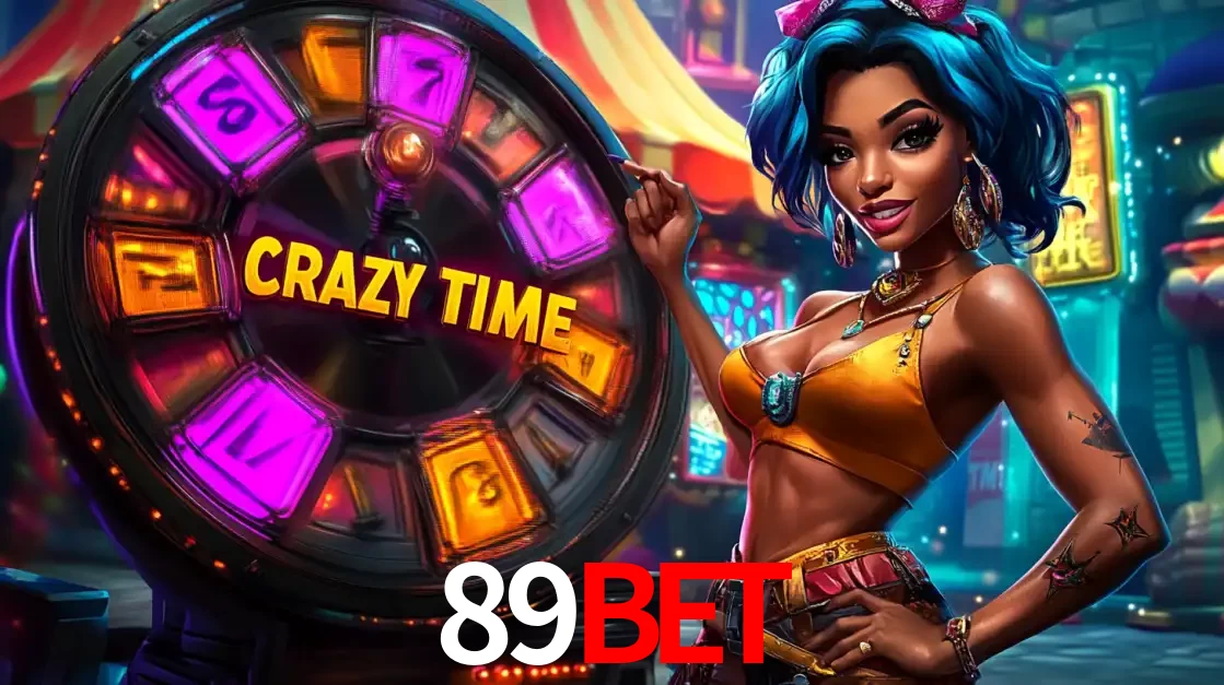 Mulher estilizada com cabelo azul e visual vibrante posando ao lado da roda de prêmios do game show Crazy Time, convidando para a diversão e os bônus do cassino 89BET.