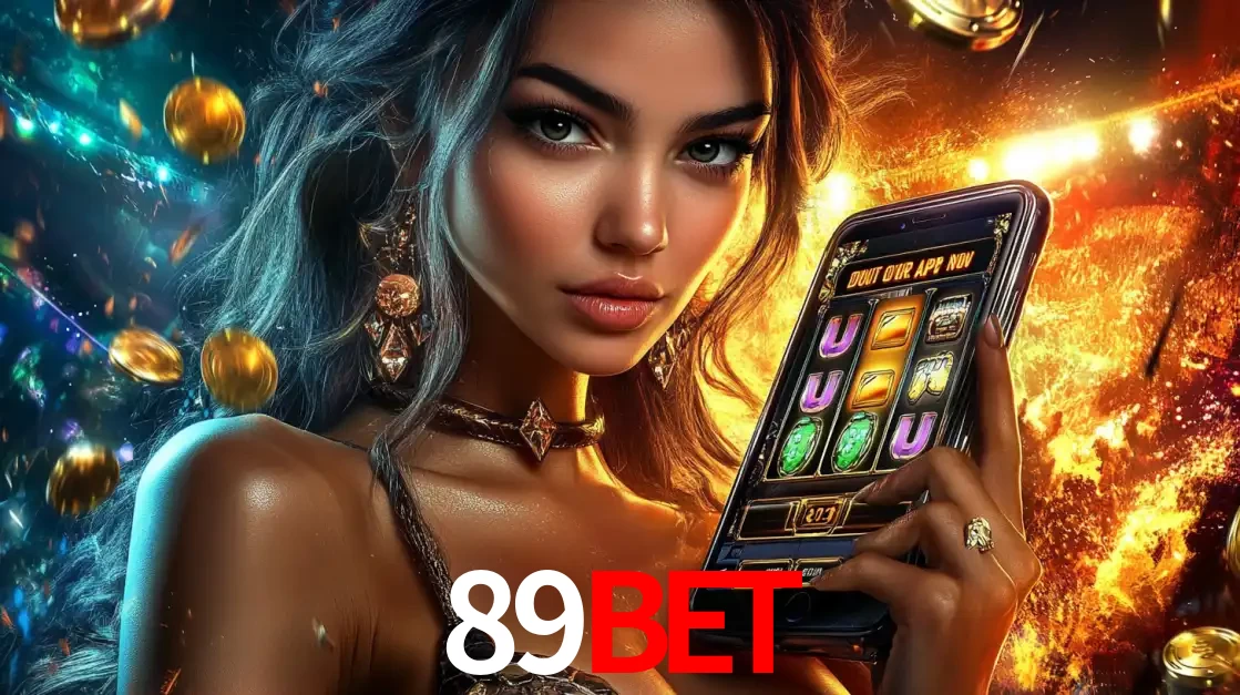 Mulher elegante mostrando um jogo de caça-níqueis em seu smartphone, destacando a experiência de cassino móvel oferecida pelo aplicativo 89BET.