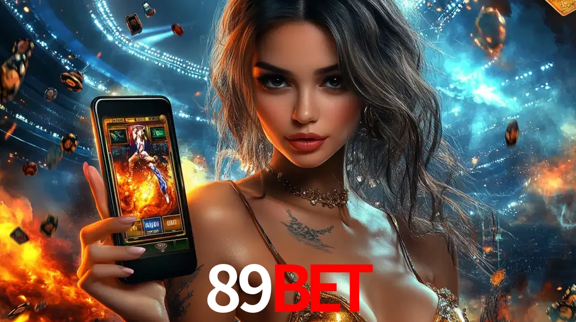 Mulher segurando um celular com um jogo de slot em destaque, tendo como fundo um estádio vibrante, simbolizando a emoção de jogar no cassino móvel 89BET.