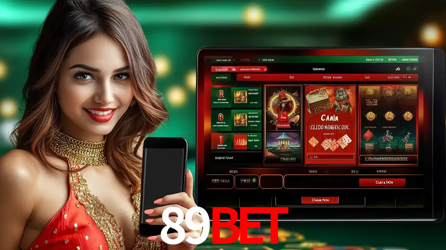 Mulher sorridente segurando um smartphone, ao lado de uma tela exibindo o lobby de jogos do cassino online 89BET, com várias opções de jogos de cartas e slots.